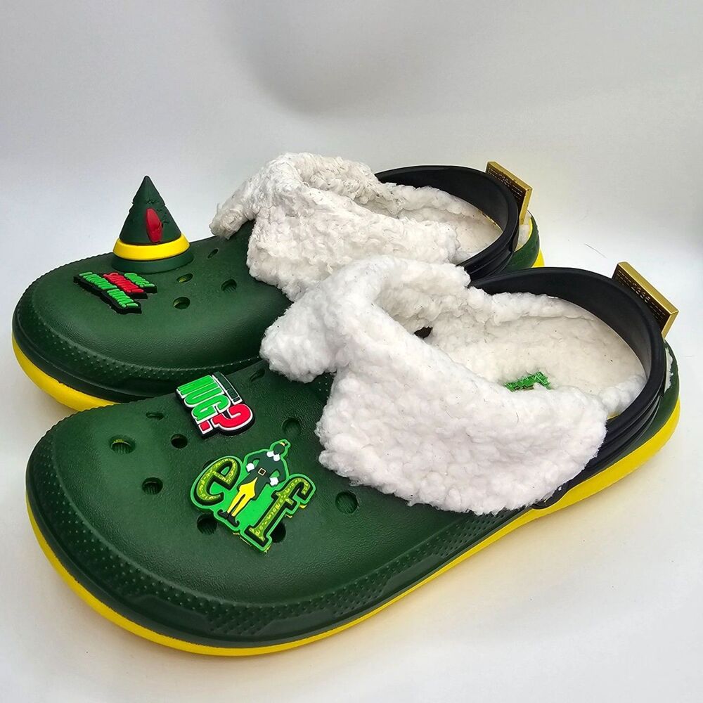 Crocs x Elf Classic Lined Clogs J6 Green Sherpa Jibbitz Christmas Holiday